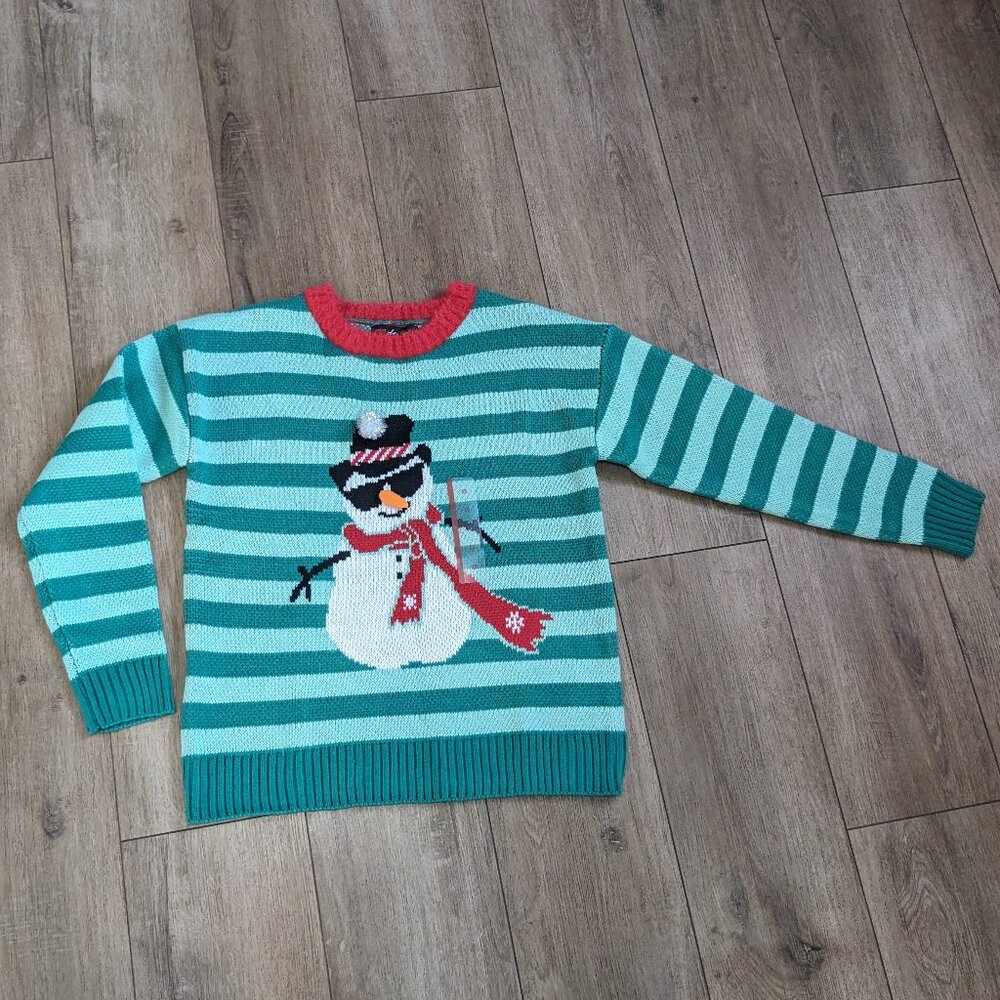 NWT 33 Degrees Sz XS Womens Ugly Christmas Sweater 3D Snowman Green Striped